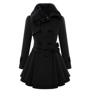 BLACK FAUX FUR COLLARED DOUBLE BREASTED FLARE BOTTOM TRENCH COAT MEDIUM NWT